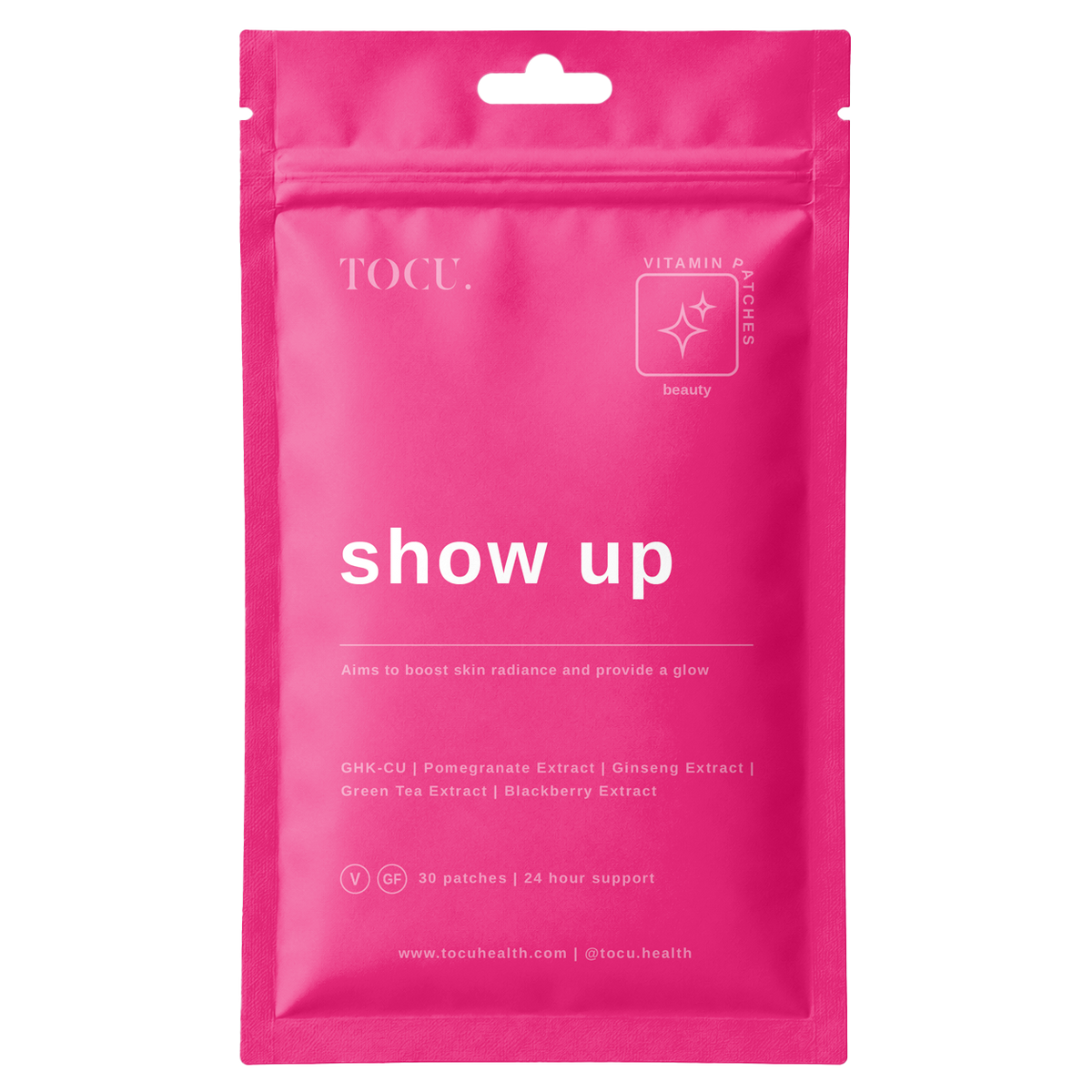 Tocu Health Show Up copper peptide glow patch, a clear square beauty patch on the upper arm