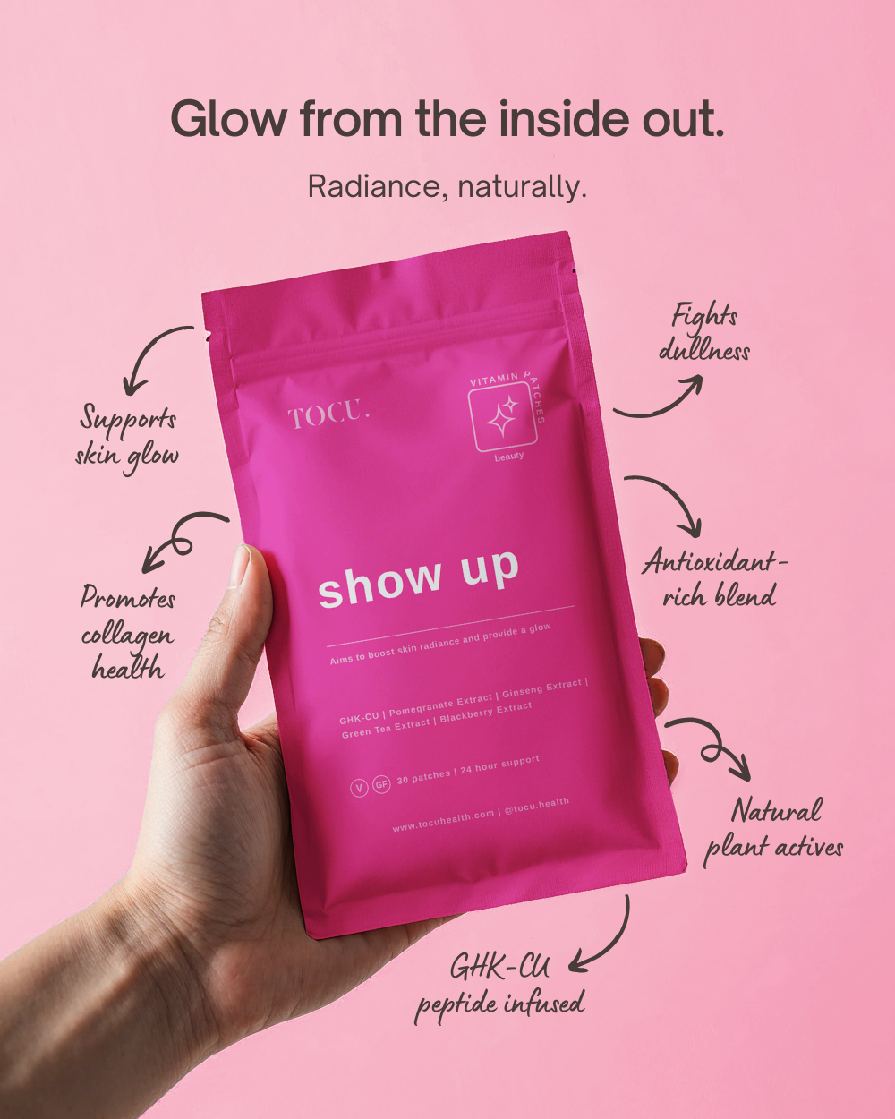 Tocu Health Show Up copper peptide glow patch, a clear square beauty patch on the upper arm